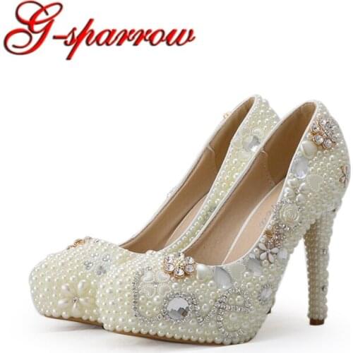 Unique Ivory White Pearl Wedding Shoes Women Pumps High Heels Crystal Bridal Prom Party Shoes Gorgeous Wedding Party Prom Shoes