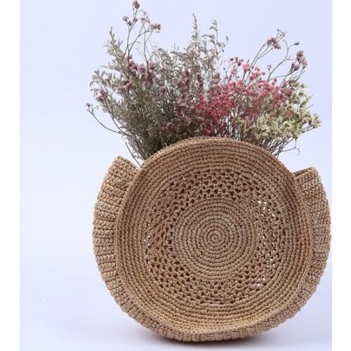 INS Women Vogue Travel Holiday Vacation Leisure Handmade Woven Straw Beach Handbag Natural Crochet Raffia Straw Round Clutch