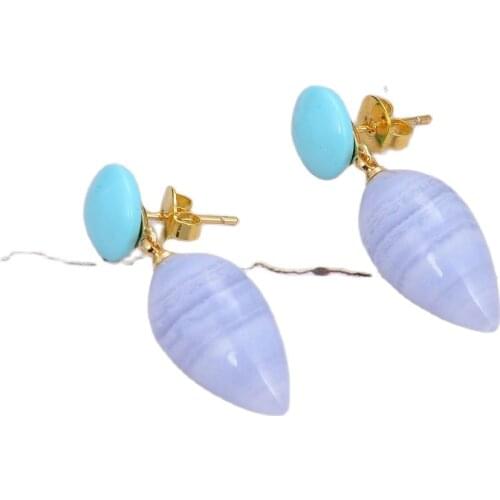 GG Jewelry Natural Teardrop Blue Lace Agates Chalcedony Turquoises Drop Stud Earrings Vintage Style For Women