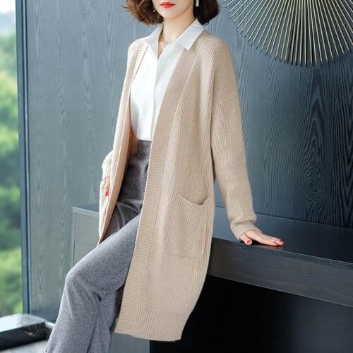 Ladies Long Knit Cardigan Sweater 2021 Fall/Winter New Style Pure Color Loose Korean Long Sleeve V-neck Fashion All-match Top