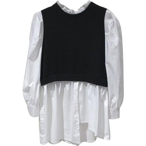 2021 Womens Autumn Loose Lapel Slim-Fit Sweater New Casual Long-Sleeved Vest Sweater Fake Two-Piece Knitted Stitching T-shirt