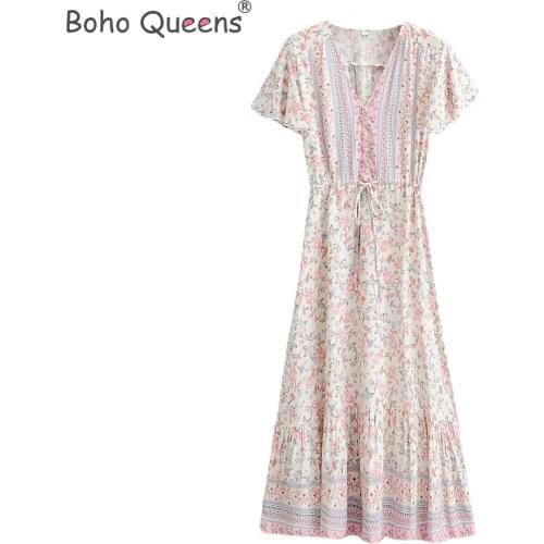 Boho Queens women v-neck floral print beach Bohemian maxi dress Ladies long sleeve Summer Boho dress vestidos