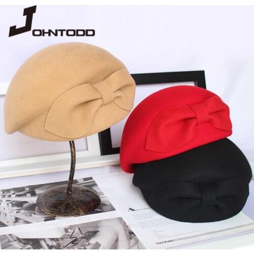 Winter 100% wool felt French beret female fashion designer Boina bow hat vintage black Fedora Gorras elegant stewardess hat cap