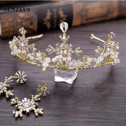 Gold Bridal Tiara With Rhinstones Pearls Strass Wedding Crowns 2020 New Handmade Headband With Earrrings SQ0290