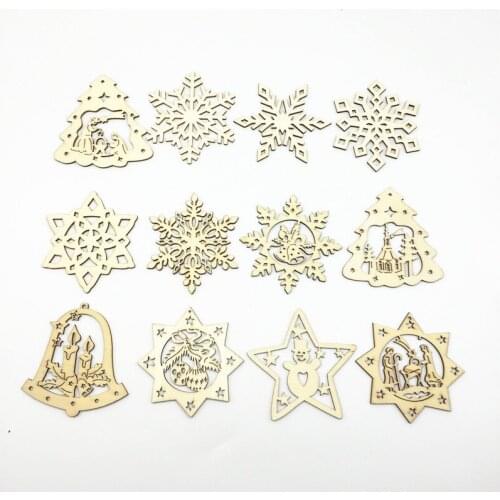 20pcs Randomly Snowflake Bell Tree Mixed 80mm Natural Wood Christmas Shapes Pendants Birch Blank Decorations Gift Tags Crafts