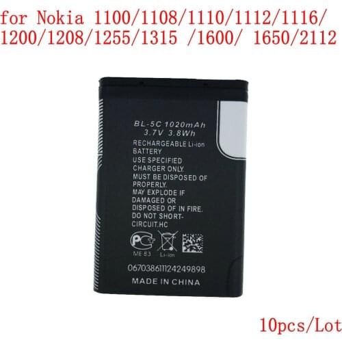 10pcs/lot High Quality 1020mAh BL-5C battery for Nokia 1100/1108/1110/1112/1116/1200/1208/1255/1315 /1600/ 1650/2112
