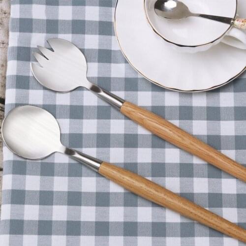 2Pcs/Lot Stainless Steel Salad Spoon Fruit Fork with Long Wooden Handle Household Dessert Spoon Kitchen Western Tableware Set
