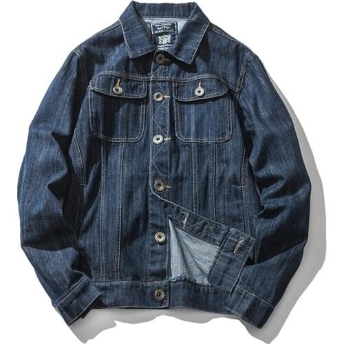 Chaqueta Bomber de tela vaquera para hombre, abrigos de algodón con cuello vuelto, manga larga, estilo japonés, informal, azul