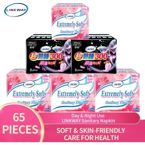Linkway Day & Night Use Sanitary Napkins, Soft Cotton Sanitary Pads Set, 420mm Ultra Long Night Use, 6 Portable Packs, 65 Pieces