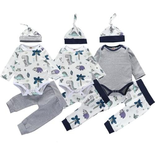 0-24M Newborn Baby Boy Girl Long Sleeve Cotton Bodysuit Tops Print Long Pant Trouser Hat 3PCS Baby Clothing Set