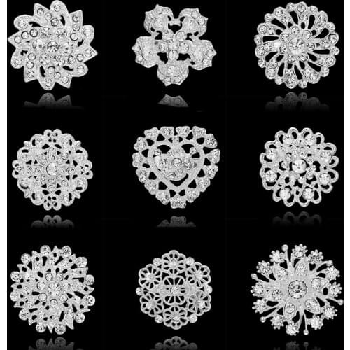 Rhinestone Crystal Silver Plated Flower Brooches for Women Men Wedding Bridal Party Round Bouquet Brooch Pin Clear