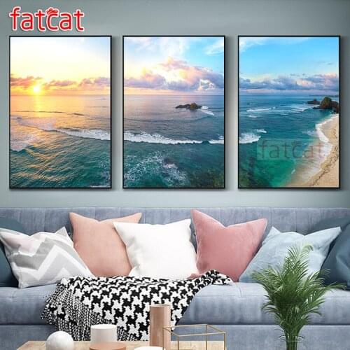 FATCAT Calm sea landscape diy 5d diamond painting full square round drill mosaic embroidery triptych kits home decor AE2684