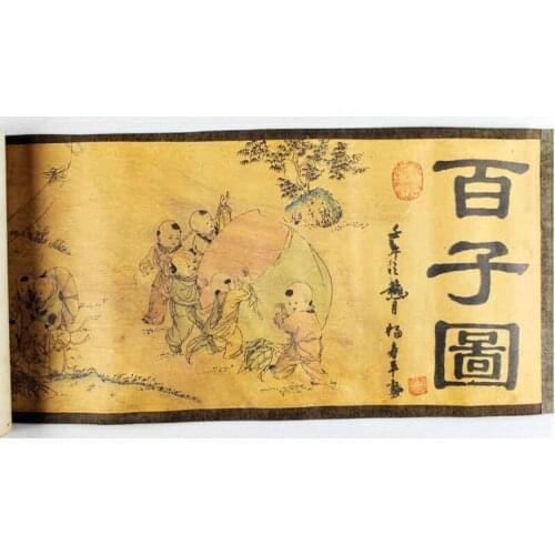 Chinese Ancient picture silk paper 100 Children Figure Scroll painting