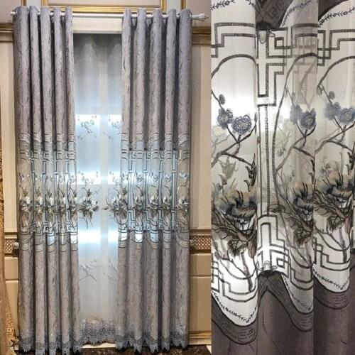 Chinese Classical Flowers Hollow Curtains for Living Room Gray Chenille Semi-Blackout Embroidered Tulle Curtain for Bedroom