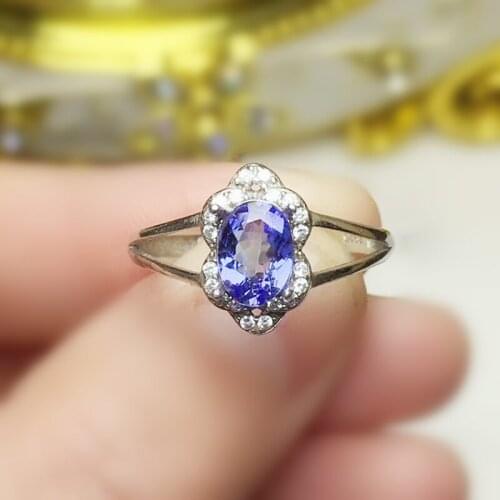 Natural real tanzanite flower style ring Per jewelry Free shipping 5*7mm 0.9ct gemstone 925 sterling silver Fine jewelry T207165