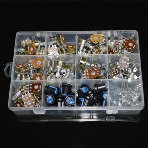 45PCS WH148 Potentiometer Kit B1K B5K B10K 20K 50K 100K 250K 500K 1M 15mm Shaft Amplifier Dual Stereo Set 6pin With Cap switch