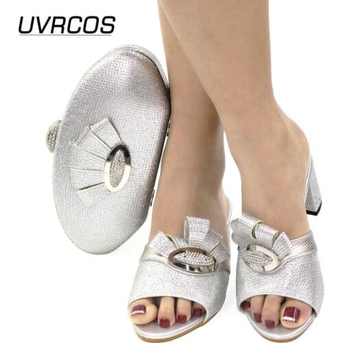Nigerian 2021 Hot Selling Italian Design Fashion Special Sweet Style Party Wedding Ladies Sandal and Bag Set in Silver Color