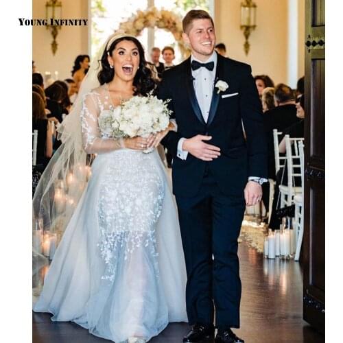 Hot Sale Mermaid Wedding Dresses 2021 Long Sleeves Bridal Gown Backless V Neck Chapel Train Applique White Plus Size Bride