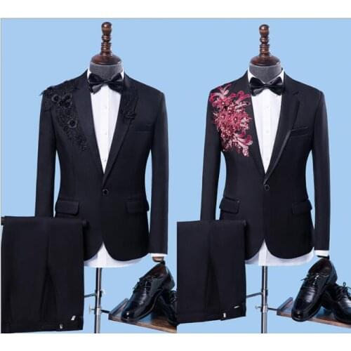 Mosaic blazer men groom suit set with pants black mens wedding suits costume singer star style dance stage clothing formal dress
