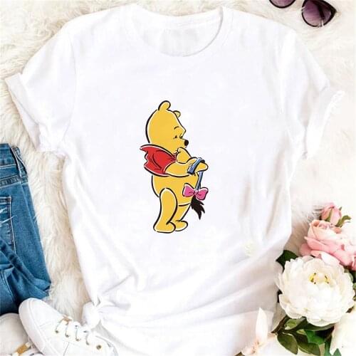 New Summer Short Sleeve T Shirts Pooh Winnie Printed Harajuku Tshirts Girl Lady Basic White Round Neck Tee Tops Streetwear