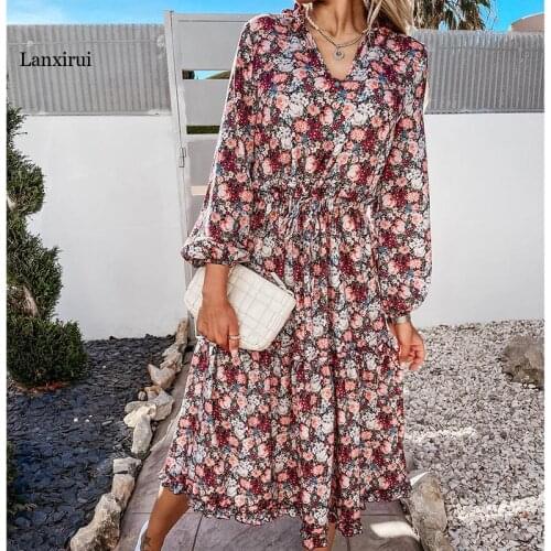 Spring And Summer Women New Digital Print Small Fresh And Sweet Lace Mid-Length Dress Sexy V Neck Floral Casual Beach Dress