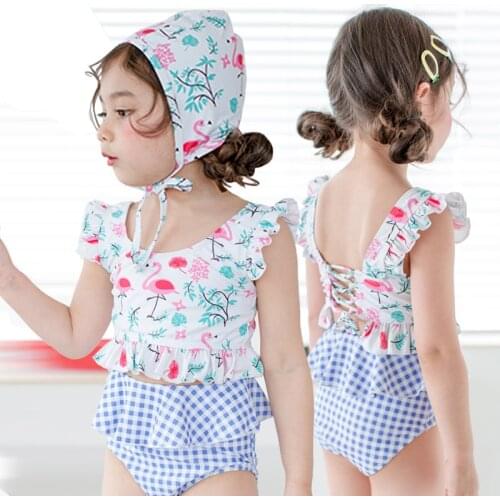 New Girl Flamingo Swimwear Bikini Set With Cap Baby Kids Two Pieces Bathing Suits Biquini Infantil Swimsuit Costumes Beachwear