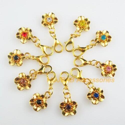 10 New Flower 11.5x15mm Charms Mixed Round Crystal Gold Color Retro With Lobster Claw Clasps
