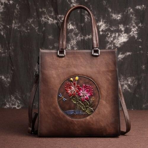High Quality Genuine Leather Tote Bags Women Handbag Lotus Pattern Design Cowhide Shoulder Messenger Female Crossbody Bag