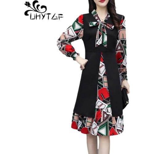 UHYTGF Spring Autumn Dress Women Fashion Print Fake Two Elegant Female Clothes Bowknot Pullover Loose Plus Size Skirt Ladies1952