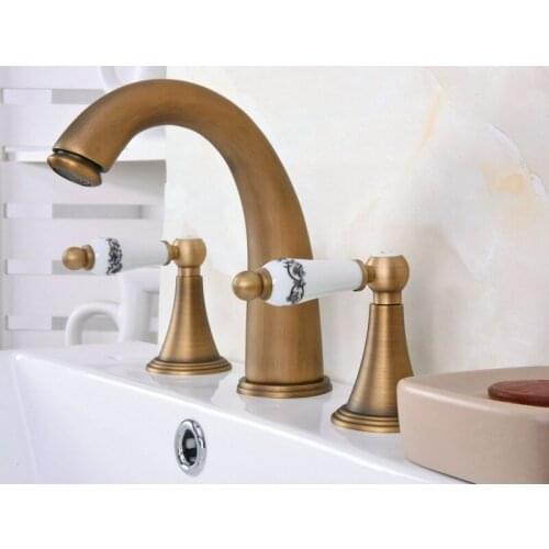 Vintage Retro Antique Brass Deck Mounted Dual Handles Widespread Bathroom 3 Holes Basin Faucet Mixer Water Taps man082