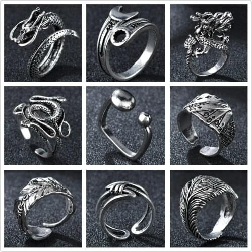 High Quality Punk Feather Dragon Poker Snake Ring Jewelry Personality Feathers Wrench Opening Rings Men