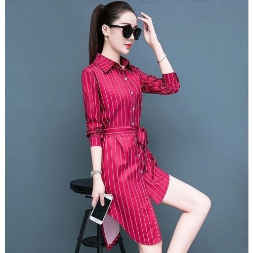 Long Asymmetrical Striped Women Shirts Summer New Design 2021 Turn-Down Collar Long-Sleeved Slim Office Lady Elegant Outwear Top