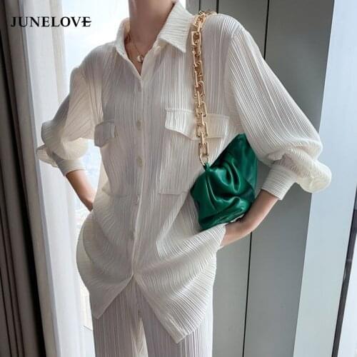 JuneLove White Pleated Wide Leg Pants Sets Women Fashion 2021 Casual Loose Long Trousers Office Lady Elegant Long Palazzo Suits