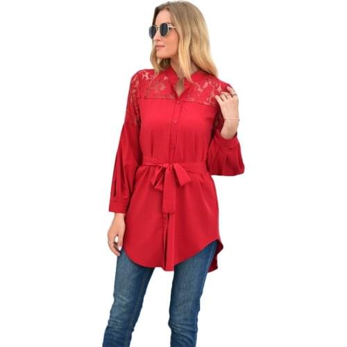 Lace Stitching Womens Dress Lace Long Lantern Sleeve Round Neck Shirt Spring and Autumn New Casual Belt Mid-length Shirt