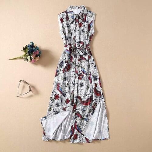 Latest High quality Paris fashion show 2021 spring womens Lapel Sleeveless Sashes Slim Animal Floral Dress