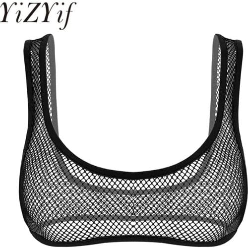 Womens Sexy Lingerie See Through Fishnet Crop Top Hollow Out Wide Shoulder Straps Deep U-neckline Vest Tank Crop Top Bra Top