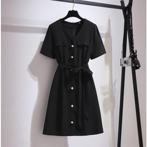 V-Neck Black Pearl Short Sleeved Midi Plus Size 6Xl Large Vintage Casual Robe Spring Summer Clothes Dress For WomenS 2021