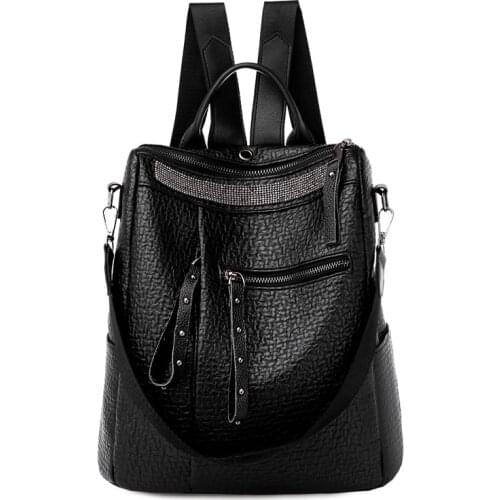 2020 fashion womens backpack leather PU large capacity college student school bag ladies double zipper rivet fashion backpack