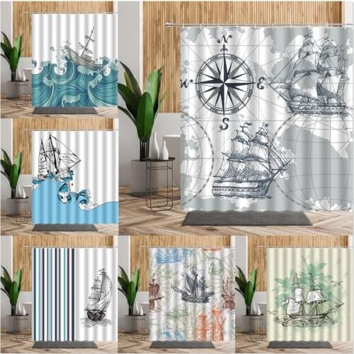 3D Nordic Style Shower Curtain Hand Painted Compass Sailboat Bathroom Decor Accessories Creative Bath Curtains Waterproof Fabric