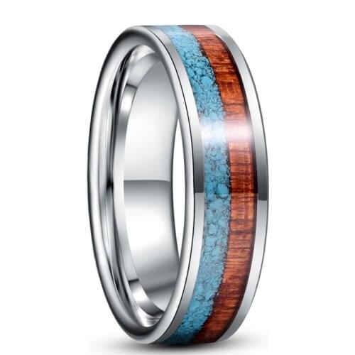 6mm Inlaid Turquoise Wood Grain Steel Color Tungsten Carbide Ring Mens Fashion Wedding Rings Jewelry
