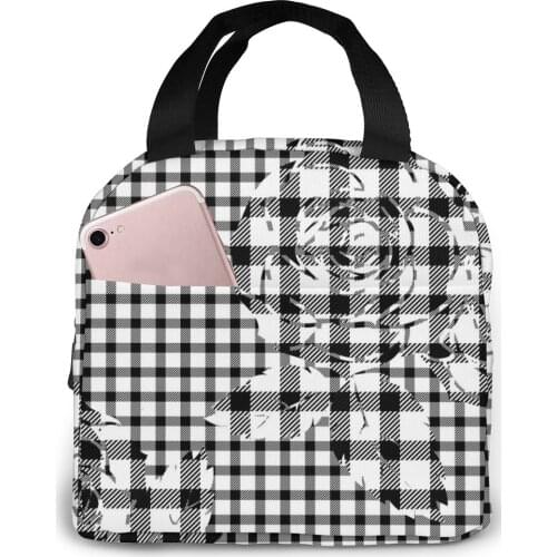 Black Plaid With Flowers Lunch Food Box Bag Insulated Thermal Food Picnic Lunch Bag for Women kids Men Cooler Tote Bag