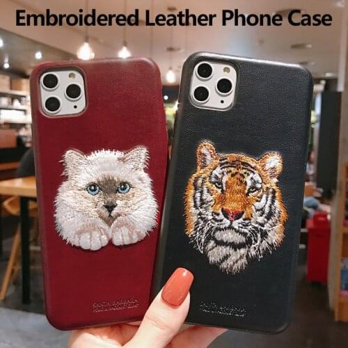 3D Embroidered Cute Cat Wolf Tiger Leather Phone Case For Apple iPhone 12 Pro Max Protective Back Cover For iPhone 12 Mini 11 XR