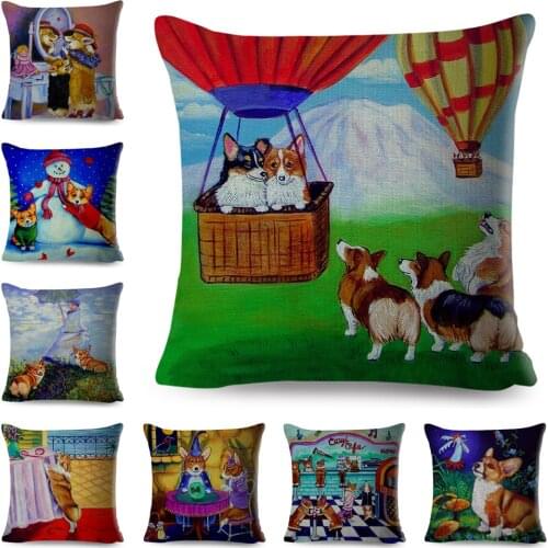 Oil Painting Welsh Corgi Pembroke Cushion Cover for Sofa Children Room Decor Colorful Cartoon Pet Dog Pillowcase Pillow Case