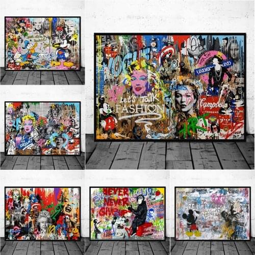 Mickey Mouse And Donald Duck Graffiti Disney Art Posters And Prints Wall Pictures On Abstract Happy Slogan Canvas Painting Decor