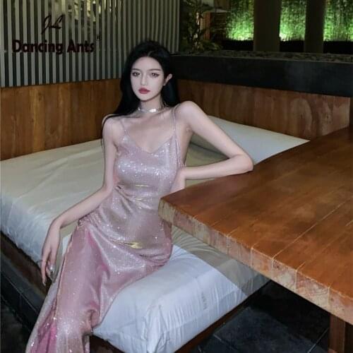 Fashion Women Dress Ruffles Ladies Sexy Backless V-Neck Sparkling Slim Elegant Sleeveless Party Dresses Womens Leisure Chic New