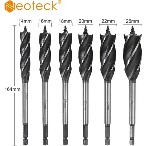 Neoteck 6 Pcs Four-Blade Four Slots Power Drill Auger Bit Wood Drill Bit Set 1/4 hex square handle (6.35mm)