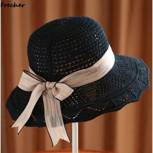 2021 New Sun knitting Hats Top Hat Women Summer Beach Flat Brim Cap Ribbon streamer hat for Holiday Sombreros De So Gorro