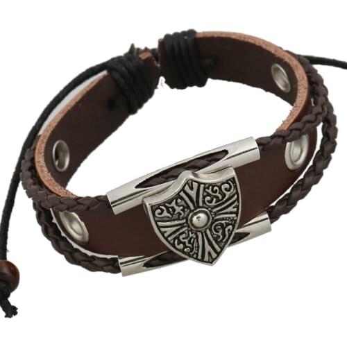 New Arrival Mens Bracelets Fashion Jewelry Cow Leather Handmade Braided Rope Bracelet with Alloy Shield Charms Wood Beads