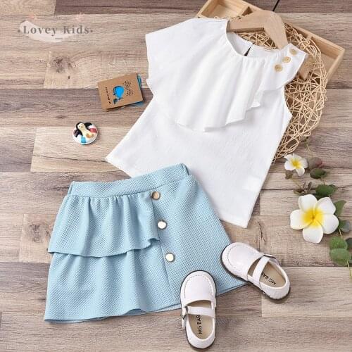 Baby Girl Clothes Sweet Two Piece Set 2021 Summer Ruffle Neck Chiffon Tops T-shirt Mini Skirt A-line Fashion Boutique Outfit