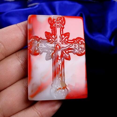 Natural Chicken Blood Jade Hand-carved Cross Pendant Fashion Boutique Jewelry Men and Women Jesus Cross Necklace Gift Accessorie